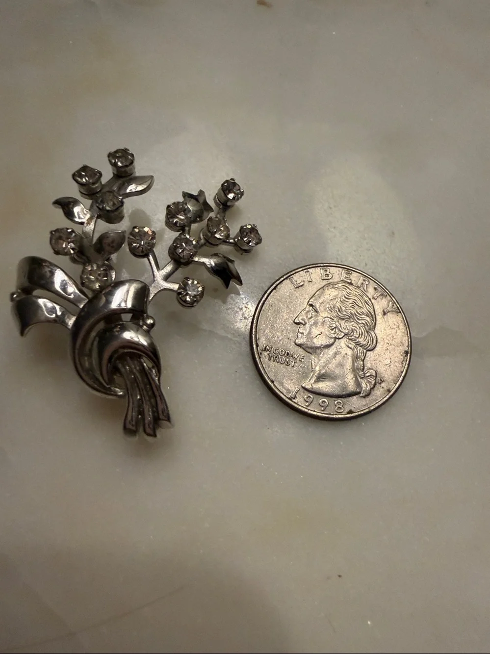 Vintage Karu‎ Rhinestone Floral Spray Brooch Silver Tone Bouquet Pin Mid Century